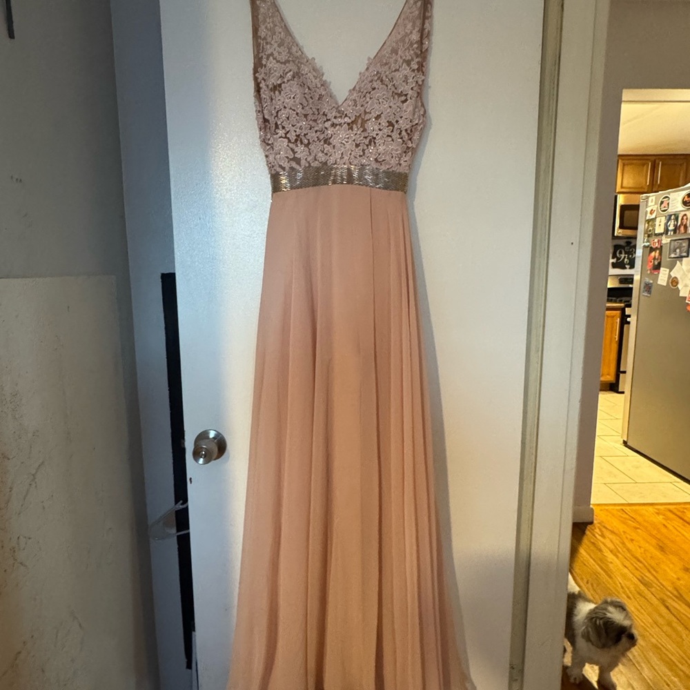 Mori Lee Pink and Gold Embellished Gown with V-Neck for Prom